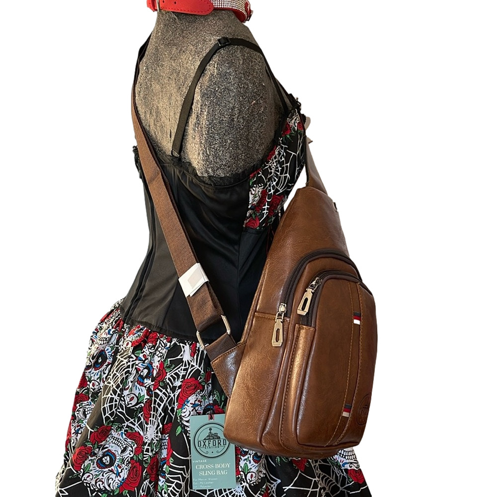 Oxford Station Vintage Style Unisex Crossbody Sling Bag Brown Vegan Leather - Picture 3 of 13